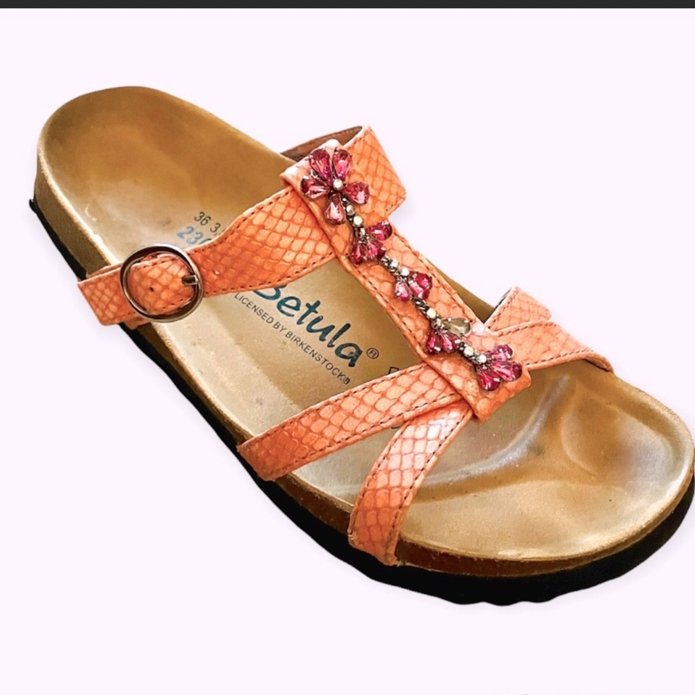 Birkenstock Betula jeweled buckle slide coral sandals